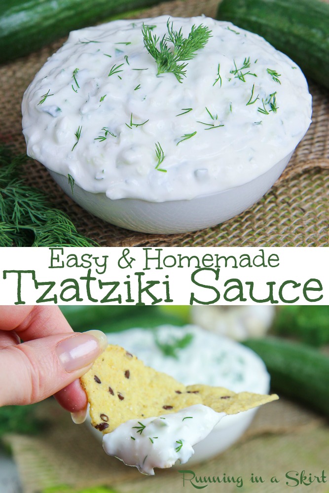 Healthy, Easy & Homemade Tzatziki Sauce- THE BEST with greek yogurt and garlic! A quick cucumber dip for a wrap, sandwiches, pita or dip. Low carb & gluten free. / Running in a Skirt #recipe #greek #tzatziki #dip #vegetarian #healthy #healthyliving via @juliewunder