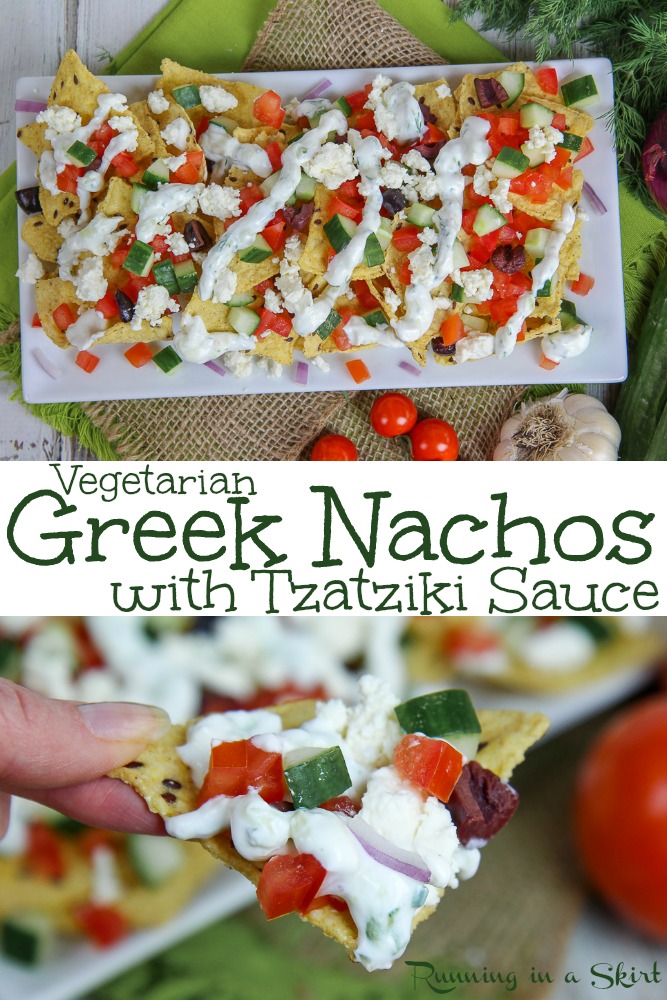 Vegetarian Greek Nachos recipe with Tzatziki Sauce - healthy, easy & delish!  Topped with simple veggies & feta.  Make with tortilla chips on a sheet pan.  / Running in a Skirt #recipe #healthy #healthyliving #vegetarian #nachos #tzatziki #greek via @juliewunder