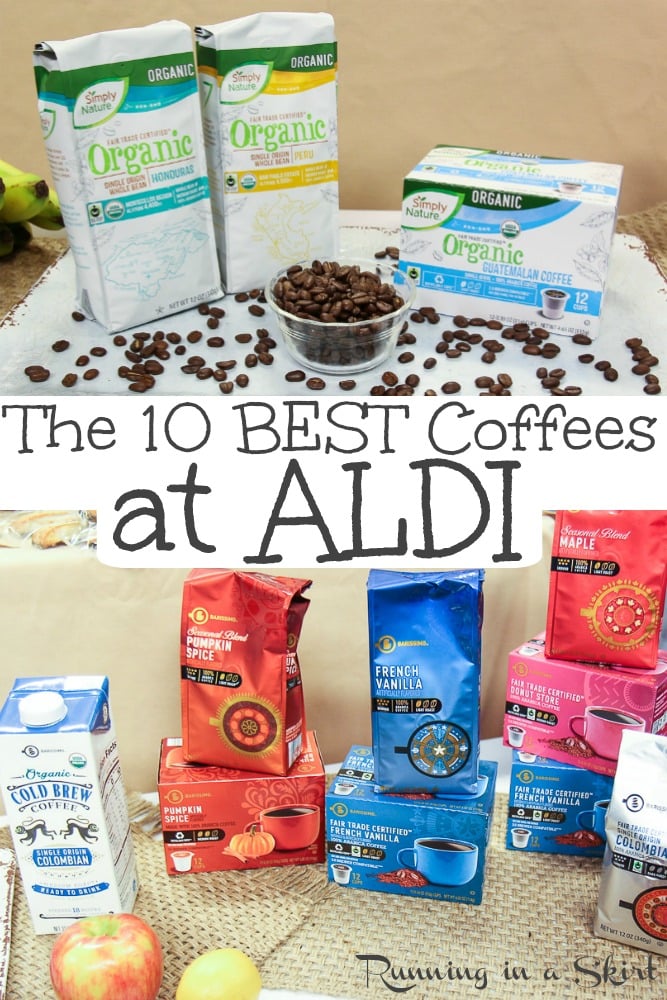 Curious about ALDI coffee? Find out the best coffee brand to buy at an affordable price. Includes Fair Trade and Organic options. Whole beans, grounds, flavored and coffee pods / k cups are available. / Running in a Skirt #ad #coffee #fairtrade #ethical #organic #aldi #aldilove via @juliewunder