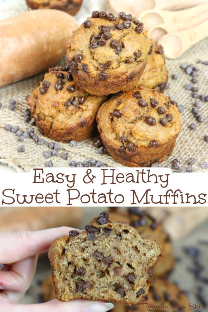 Sweet Potato Chocolate Chip Muffins recipe - Easy, Simple & Healthy! The best muffin recipe for breakfast, snacks or dessert. Naturally sweetened with honey and applesauce- no added refined sugar. So moist and good! / Running in a Skirt #healthy #recipe #muffins #baking #chocolatechips #sweetpotato #fall #fallfood via @juliewunder