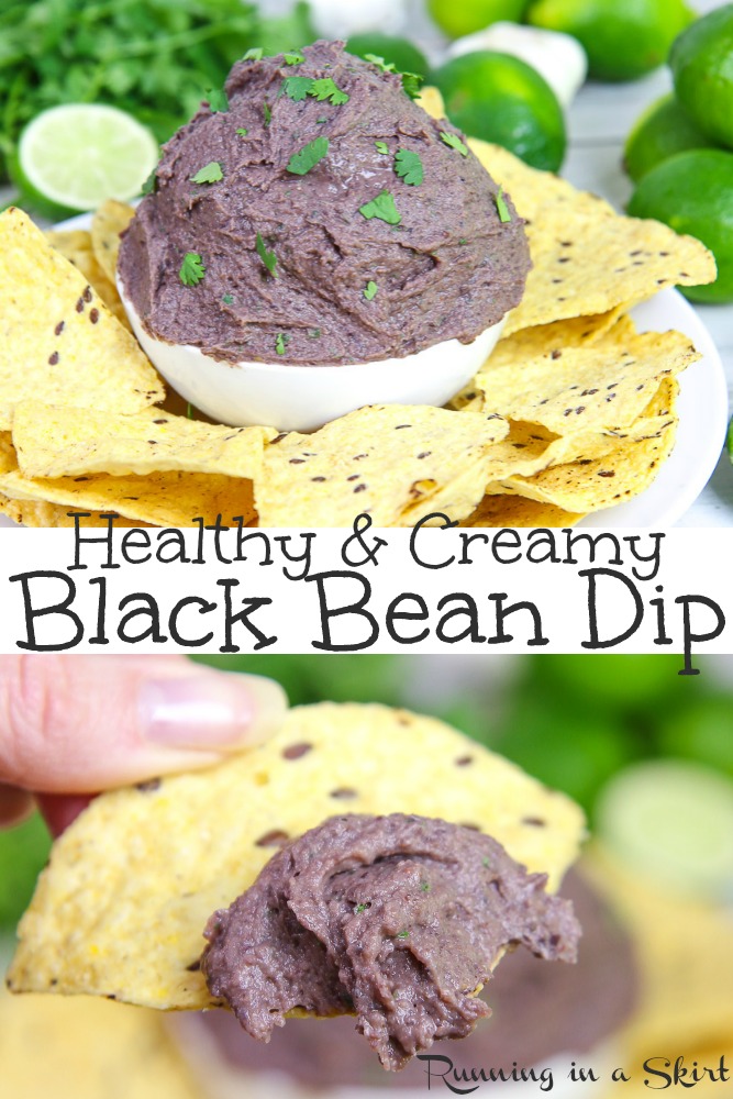 Healthy & Creamy Black Bean Dip recipe- Easy, Mexican - Southwestern style cold dip or spread with cilantro and greek yogurt. Perfect with tortilla chips. / Running in a Skirt #recipe #healthy #blackbeans #greekyogurt #dip #footballfood via @juliewunder