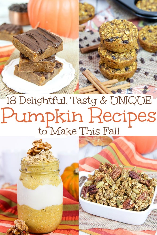 The Best 18 Pumpkin Recipes for Fall - tasty and unique recipe ideas to make. Includes easy breakfast, sweets and savory ideas including pancakes, overnight oats, muffins, snacks, bread, bites, soup and even granola. Several using the Crockpot or slow cooker. Vegetarian, vegan, gluten free options. / Running in a Skirt #pumpkin #fall #vegetarian #crockpot #fall #fallfood #recipe #healthy #healthyliving via @juliewunder