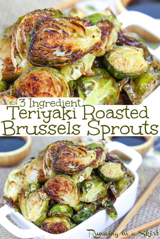 Roasted Teriyaki Brussels Sprouts - only 3 Ingredients! These Asian brussels sprouts are oven roasted to crispy perfection. They are healthy, simple, quick, vegan and go great with extra soy sauce. / Running in a Skirt #vegetarian #vegan #asian #brusselssprouts #sidedish #healthy #recipe #healthyrecipes via @juliewunder