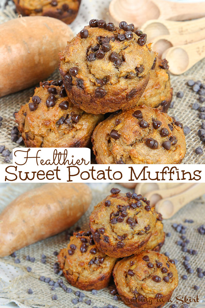 Sweet Potato Chocolate Chip Muffins recipe - Easy, Simple & Healthy! The best muffin recipe for breakfast, snacks or dessert. Naturally sweetened with honey and applesauce- no added refined sugar. So moist and good! / Running in a Skirt #healthy #recipe #muffins #baking #chocolatechips #sweetpotato #fall #fallfood via @juliewunder