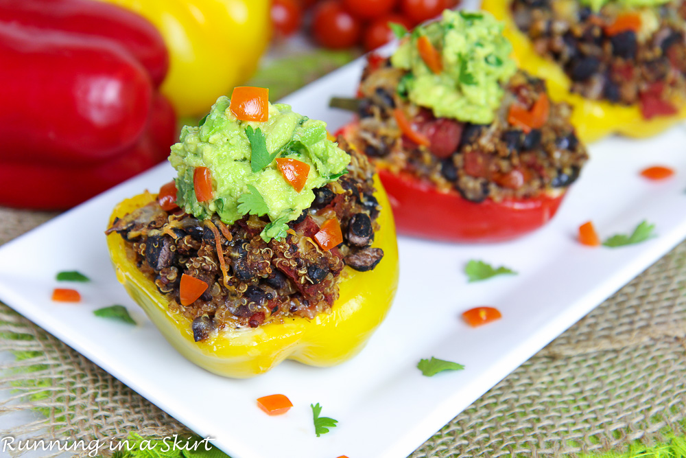 Recipe with peppers and tomato in the background.