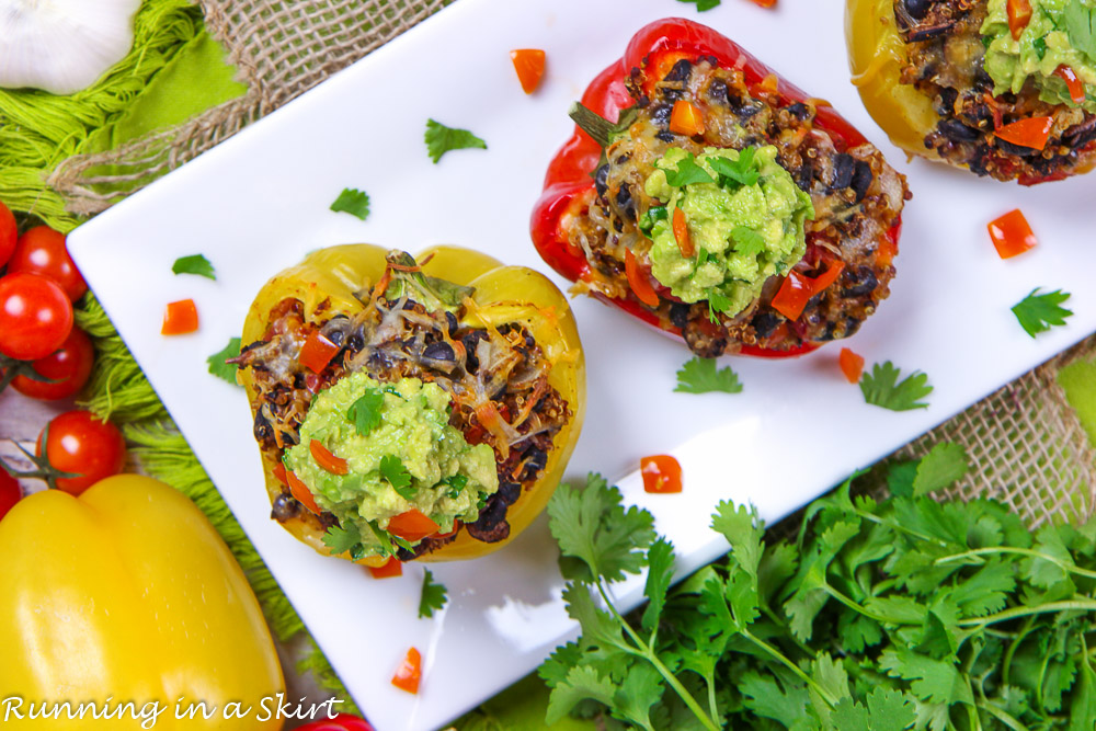 Vegetarian Mexican Stuffed Pepper overhead shot on a white plate.