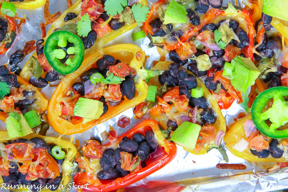 Vegetarian Mini Bell Pepper Nachos recipe close up on a pan.