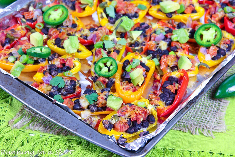 Vegetarian Mini Bell Pepper Nachos Healthy Nachos on baking sheet.