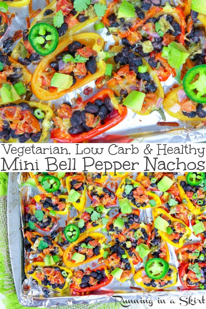 Vegetarian Mini Bell Pepper Nachos recipe - healthy, low carb and gluten free. Easy version with black beans and cheese OR a vegan/ dairy free option. 21 day fix friendly. / Running in a Skirt #vegetarian #vegan #recipe #nachos #healthy #lowcarb #glutenfree #21dayfix via @juliewunder