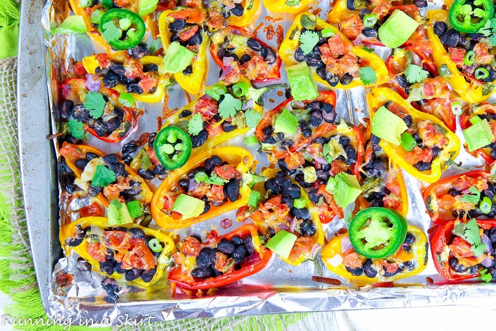 Vegetarian Mini Bell Pepper Nachos recipe on a baking sheet.