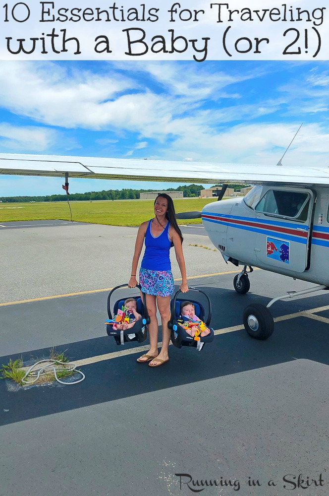 10 Essentials for Traveling with a Baby... or 2!  Packing list, essentials and crazy good HACKS for traveling with a baby in a plane or in a car.  Includes the best travel crib and high chair.  This is the best traveling baby gear for twins or single baby. / Running in a Skirt #babies #twins #babytravel #travel  via @juliewunder