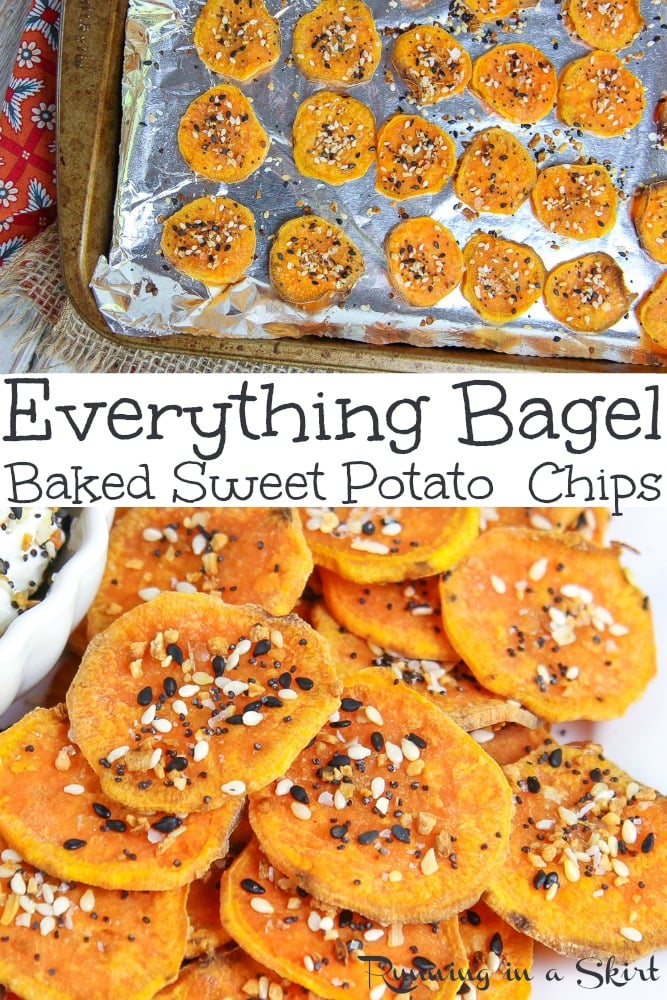 Everything Bagel Baked Sweet Potato Chips recipe - these crispy, healthy and easy chips use everything bagel seasoning and are oven baked to perfection. Includes a dip recipe! / Running in a Skirt via @juliewunder