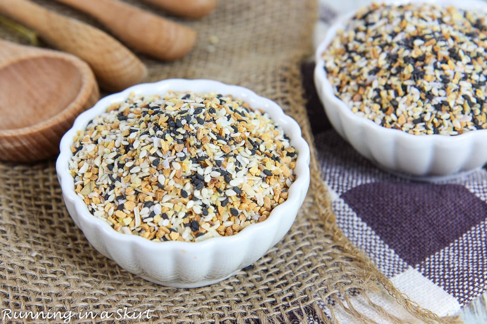 Homemade Everything Bagel Seasoning in a white dish.