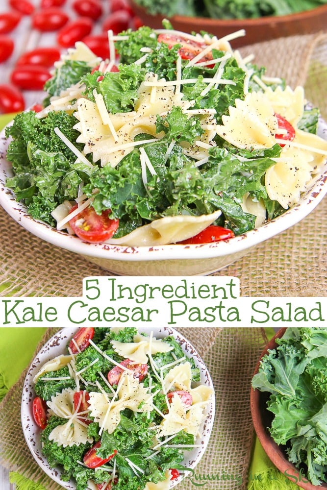 This Kale Caesar Pasta Salad recipe is only 5 ingredients and healthy! An easy vegetarian meal or vegetarian potluck dish. Includes an option for homemade greek yogurt dressing. / Running in a Skirt #caesar #kale #salad #recipe #vegetarian #healthy via @juliewunder