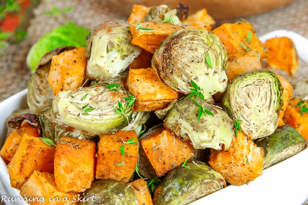 Roasted Brussels Sprouts and Sweet Potatoes close up.