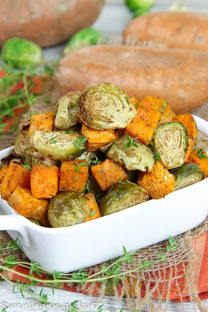 Roasted Brussels Sprouts and Sweet Potatoes close up.