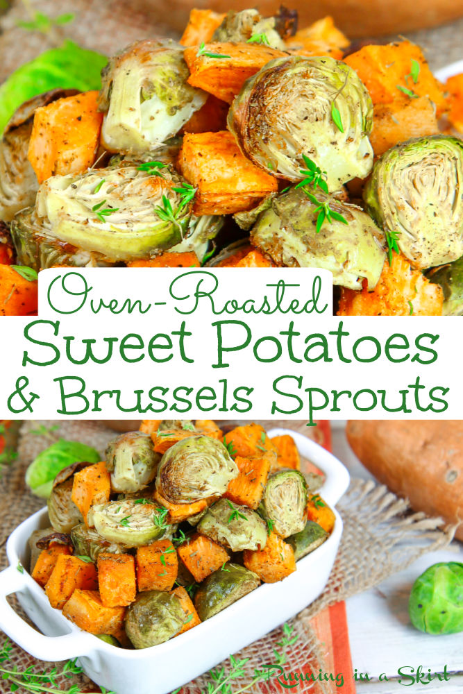 Oven Roasted Sweet Potato and Brussels Sprouts recipes - the perfect recipe for healthy dinners. Made on a sheet pan for easy clean up. / Running in a Skirt #sheetpan #recipe #healthy #sweetpotato #brusselssprouts #fall #sidedish via @juliewunder