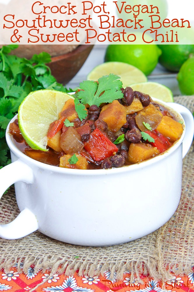 Crockpot Vegan Black Bean & Sweet Potato Chili recipe - this healthy vegetarian soup is perfect in the slow cooker and instant pot! Southwest / Mexican inspired flavors. SO GOOD! / Running in a Skirt #chili #recipe #healthyliving #crockpot #instantpot #slowcooker via @juliewunder