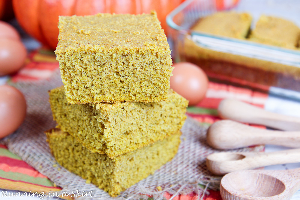 Stack of Healthy Pumpkin Cornbread recipe on a napkin.