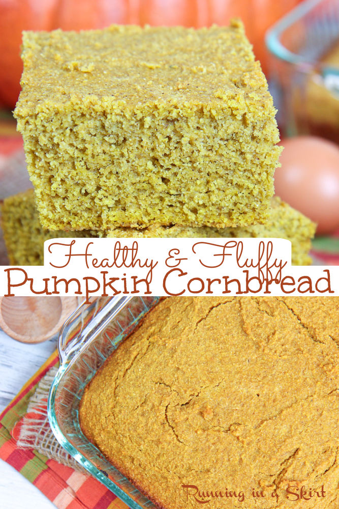 Healthy Pumpkin Cornbread recipe - so moist and fluffy! Sweetened with honey. Easy, delish and perfect for Thanksgiving or any fall meal. / Running in a Skirt #pumpkin #cornbread #healthy #baking #recipe #vegetarian via @juliewunder