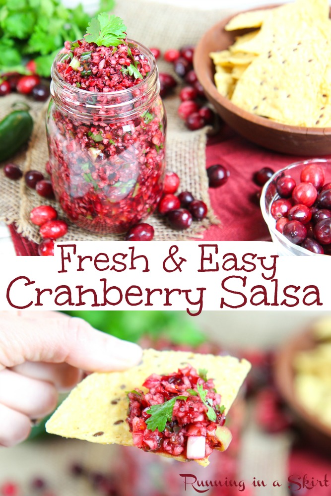 Fresh Cranberry Salsa recipe - EASY & simple dip with cilantro and jalapeno! Can make it spicy or not. Vegan, Vegetarian, Keto, Paleo and Gluten Free / Running in a Skirt #vegetarian #christmas #vegan #keto #recipe #salsa via @juliewunder