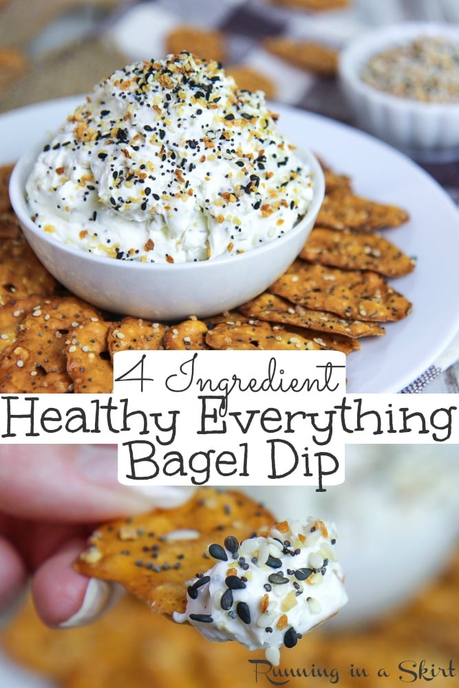 Healthy Everything Bagel Dip recipe - only 4 ingredients! Uses a mix of whipped cream cheese and greek yogurt for a lighter but still creamy dip. Make your own everything bagel seasoning mix or use Trader Joes! / Running in a Skirt #dip #recipe #greekyogurt #healthy #everythingbagelseasoning via @juliewunder