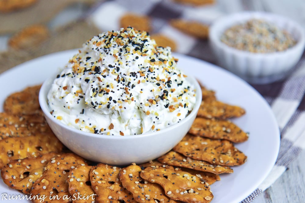 Everything But the Bagel Dip on a white plate.