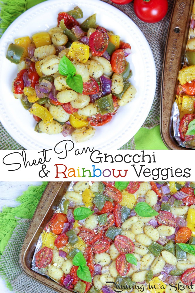 Sheet Pan Gnocchi and Vegetables recipe - no cleanup, healthy & EASY vegetarian dinner idea!  Oven baked to crispy perfection with your favorite rainbow veggies.  Gluten free and vegan friendly. / Running in a Skirt #vegetarian #vegan #sheetpanmeal #easydinner #recipe #easyrecipe #glutenfree via @juliewunder
