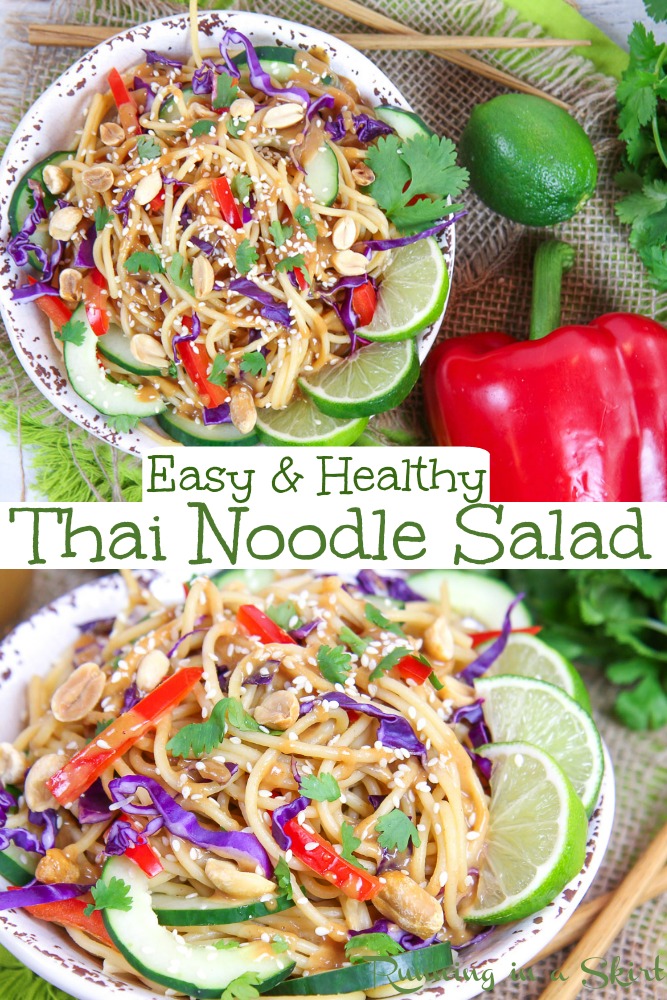 Healthy Cold Thai Noodle Salad recipe with Thai Peanut Sauce - this easy vegan / vegetarian dinner is topped with the best ever Thai Peanut Dressing. Topped with lots of veggies and crunchy peanuts! / Running in a Skirt #vegan #vegetarian #healthy #dinner #healthydinner #thai #plantbased #healthyliving via @juliewunder