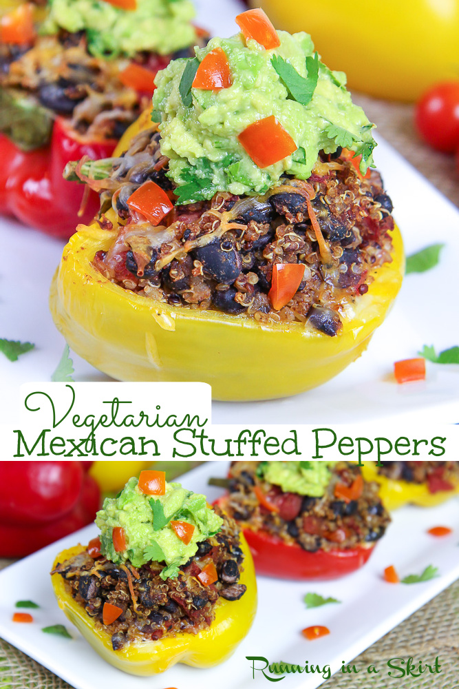 Vegetarian Stuffed Bell Pepper Tacos recipe - healthy with black beans, quinoa and tomatoes. Optional cheese so dairy free and vegan friendly. Mexican style easy dinners! / Running in a Skirt #vegetarian #vegan #lowcarb #glutenfree #recipe #mexican #taco #tacotuesday #meatless #meatlessmonday via @juliewunder