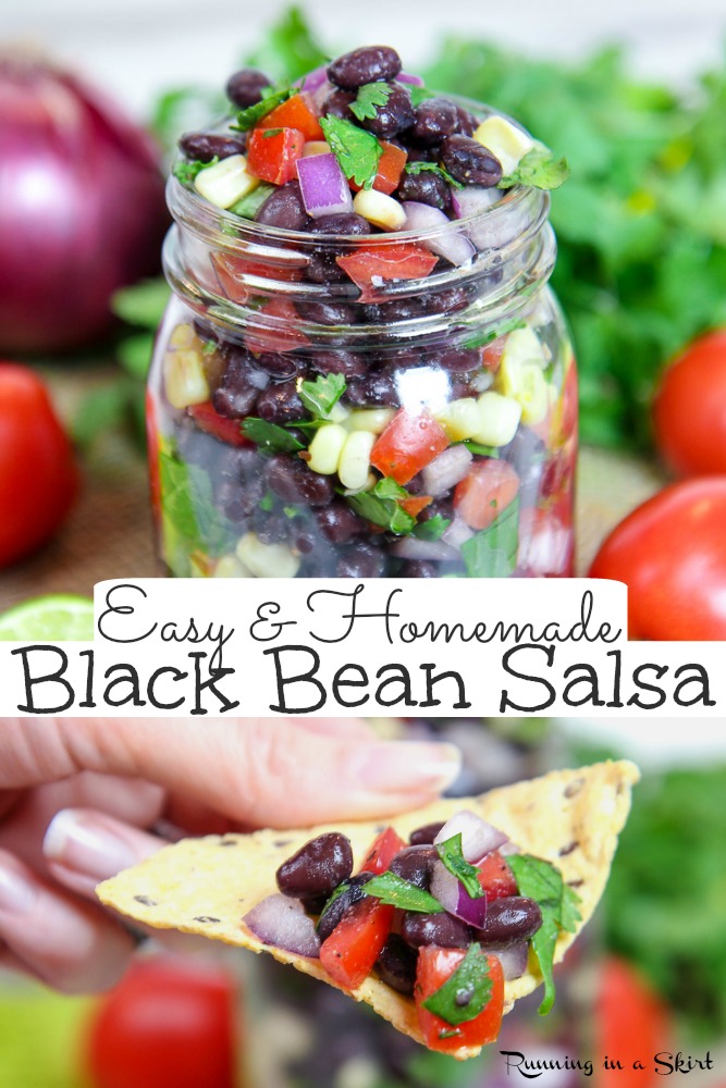 Easy & Healthy Black Bean Salsa recipe - homemade with corn and canned beans! The BEST recipe that's Mexican style salad with fresh veggies. Vegan, vegetarian & gluten free. / #mexican #vegan #healthy #salsa #recipe #healthyliving #vegetarian via @juliewunder