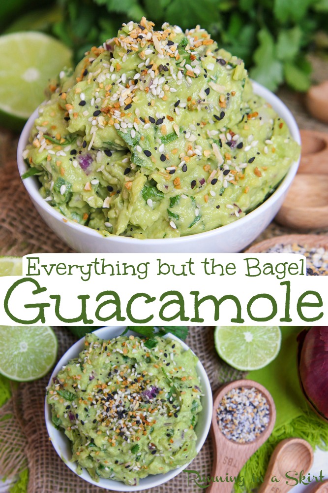 Everything Bagel Guacamole recipe - the perfect use for Everything But the Bagel seasoning from Trader Joe's.  This homemade dip is perfect for snacks and parties.  This healthy, easy and simple guac is the best twist on the authentic version. / Running in a Skirt #homemade #healthy #guacamole #everythingbutthebagel #traderjoes #everythingbagel #avocado #recipe via @juliewunder