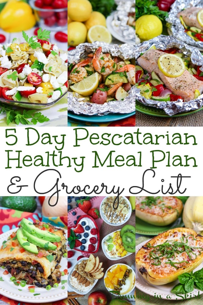 5 Day Pescatarian Meal Plan including Shopping Lists. A weekly meal plan for healthy and easy plant based breakfast, lunch and dinner recipes to make including a grocery list. Good mix of seafood /fish and vegetarian recipes. / Running in a Skirt #pescatarian #healthyliving #flexitarian #plantbased #mealplanning #mealplan #grocerylist via @juliewunder