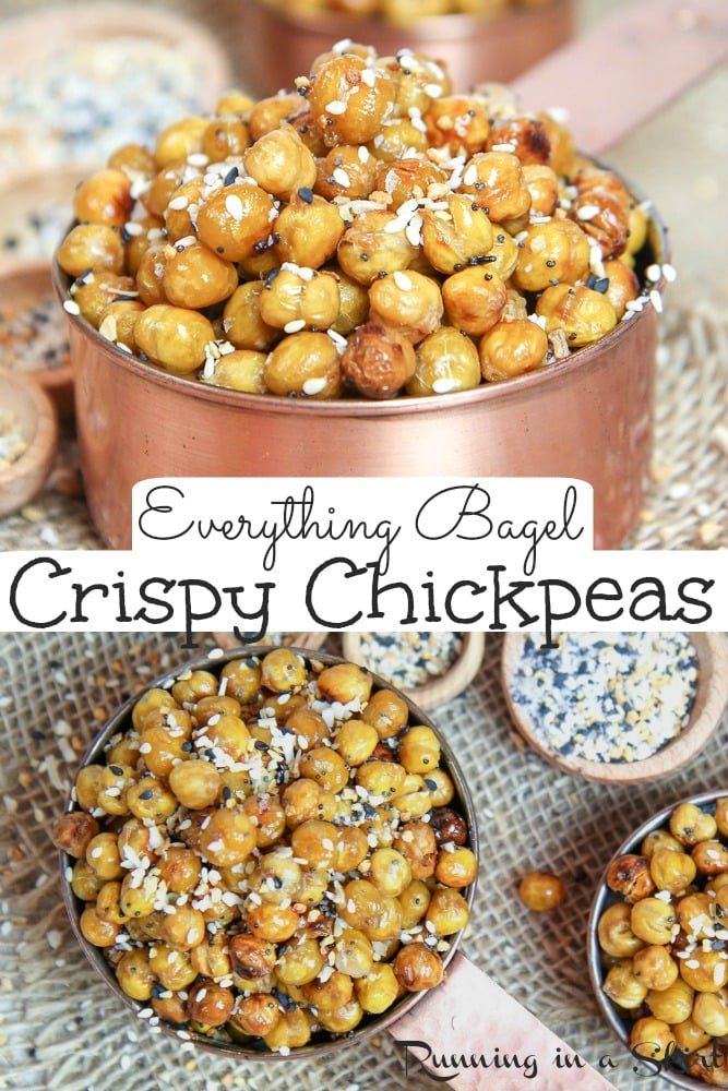Healthy Everything Bagel Crispy Chickpeas recipe - oven roasted to perfection!  These are some of the best vegan snacks.  Includes tricks to get these baked garbanzo beans actually crispy. / Running in a Skirt #chickpeas  #vegan #plantbased #recipe #snacks #everythingbagel #healthyliving via @juliewunder