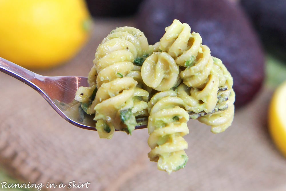 Fork and pasta with avocado.