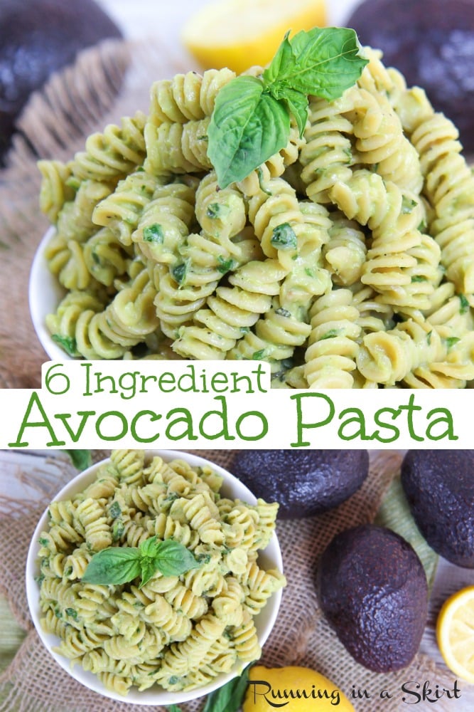 Creamy Avocado Pasta recipe - only 6 ingredients. This healthy, vegetarian and vegan friendly dinner is easy, quick, simple and great for kids and toddler. Can be dairy free. The avocado sauce has lemon, basil and garlic. Includes an optional parmesan topping. / Running in a Skirt #vegan #vegetarian #recipe #healthy #avocado #pasta #toddlerrecipe #easyrecipe via @juliewunder