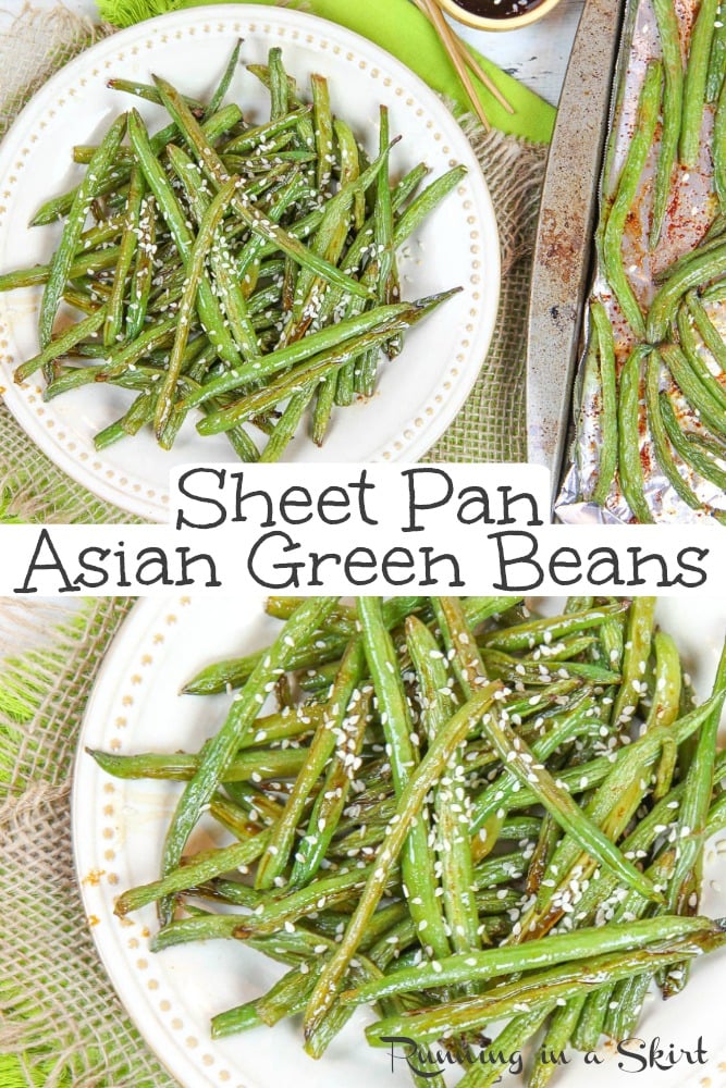 Easy & Healthy Asian Green Bean recipe - only FIVE ingredients! With sesame oil, soy sauce and garlic. This simple vegan side dish is baked to perfection! / Running in a Skirt #healthyrecipe #healthyliving #vegan #vegetarian #greenbeans #asianrecipe via @juliewunder