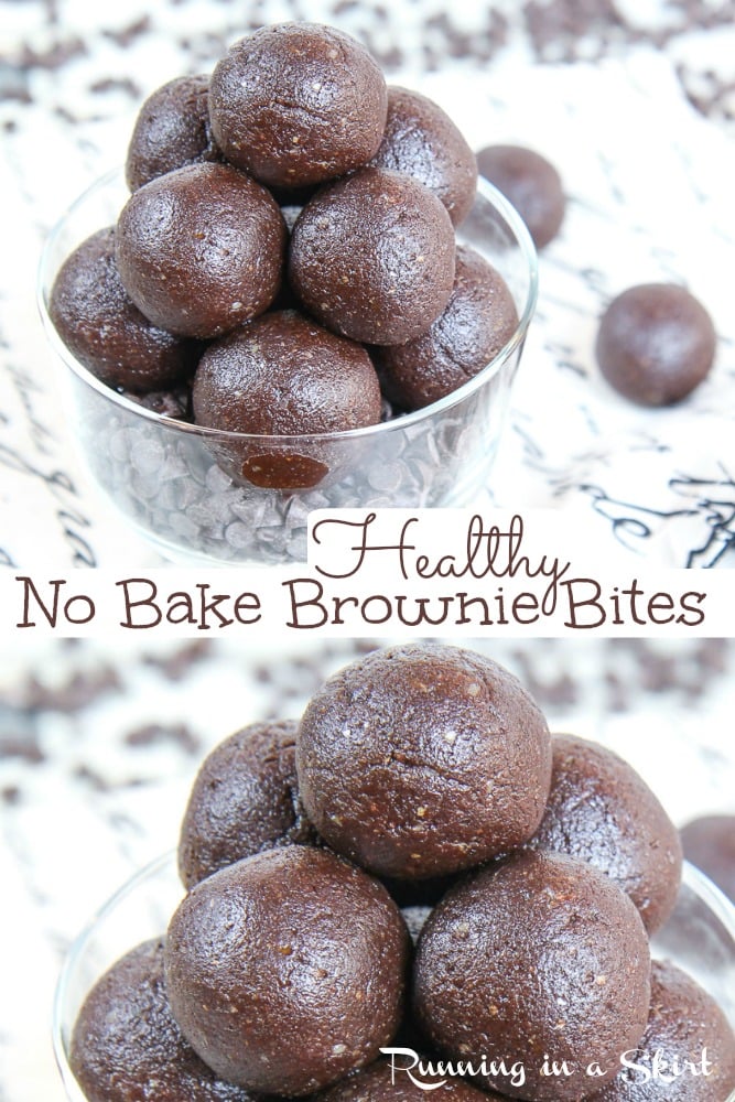 Healthy No Bake Brownie Bites recipe - only 4 Ingredients. This easy recipe is raw, vegan, dairy free, gluten free, clean eating and low carb sweet treats is so tasty! Homemade with dates and walnuts. Lots of rich chocolate flavor. / Running in a Skirt #nobake #snack #raw #vegan #healthy #cleaneating via @juliewunder