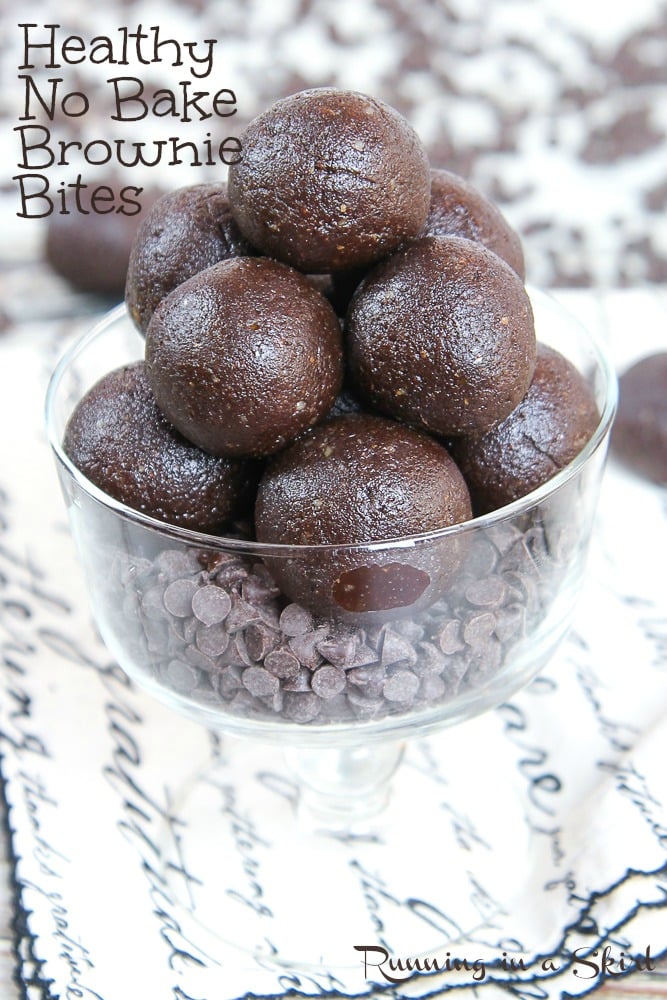 No Bake Brownie Bites Recipe stacked in a glass container.
