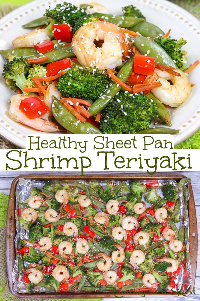 Healthy & Easy Sheet Pan Shrimp Teriyaki recipe! Looking for healthy shrimp recipes? This one is the best simple one pan dinner. Easier than a stir fry with all the taste, veggies and sauce. / Running in a Skirt #shrimp #healthydinner #sheetpan #onepanmeal #pescatarian via @juliewunder