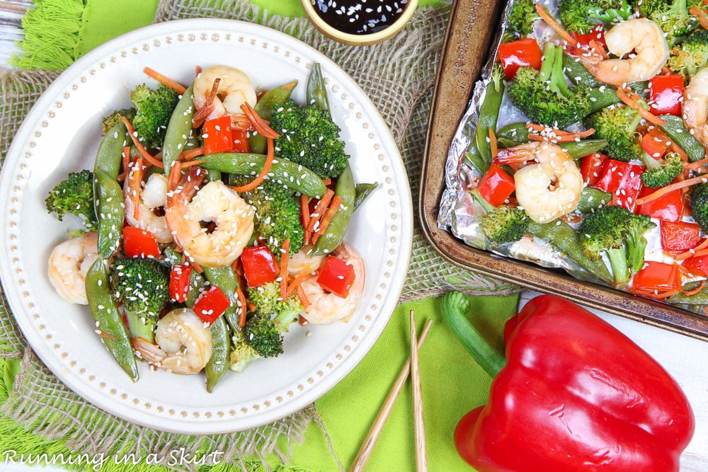 Sheet Pan Shrimp Teriyaki recipe on a plate with a sheet pan.