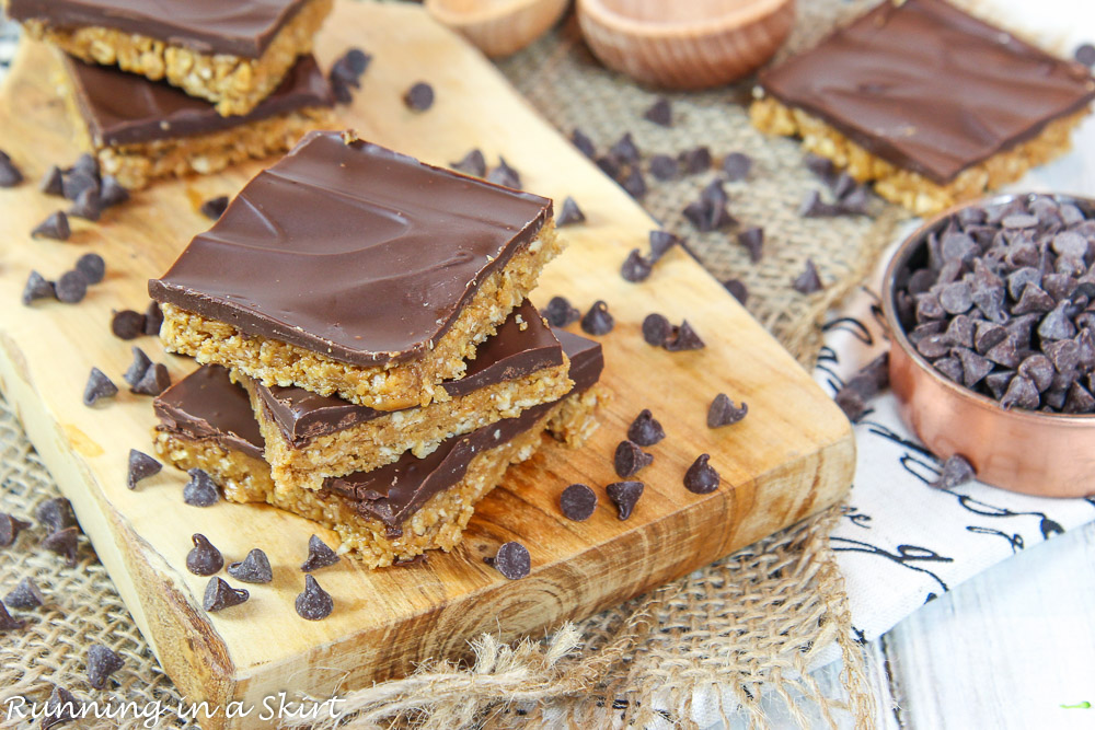 Wood cutting board and chocolate chips.