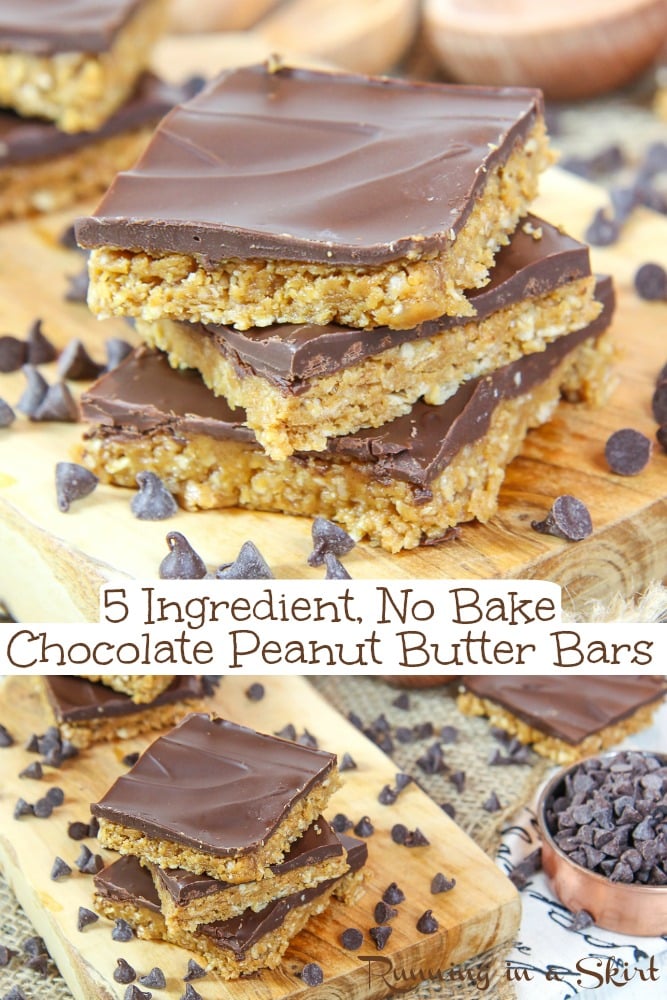 No Bake Peanut Butter Chocolate Chip Bars recipe- only 5 Ingredients including oatmeal. Easy, healthy bites with a vegan option.  Chewy, rich and delicious. The best no bake dessert. / Running in a Skirt  #nobake #peanutbutter #peanutbutterchocolate #healthy #dessert #baking via @juliewunder