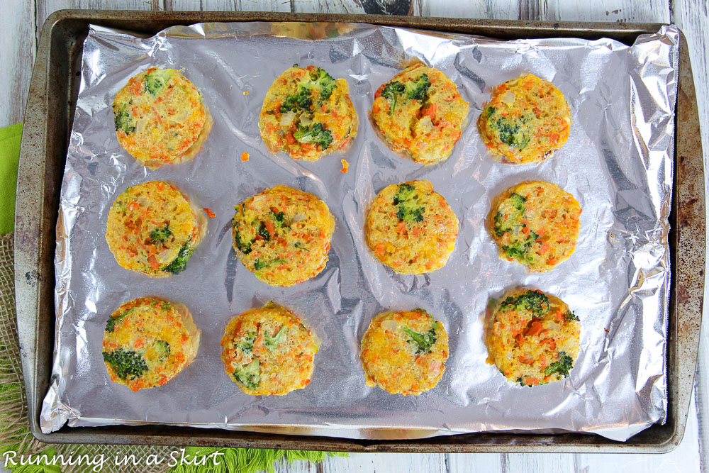 Process shot of quinoa patties baking on a tray.  Before shot.