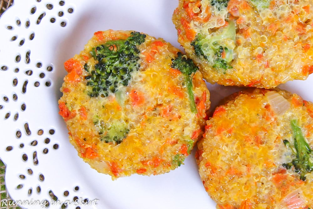 Cheesy Broccoli Quinoa Patties recipe closeup on a white plate.