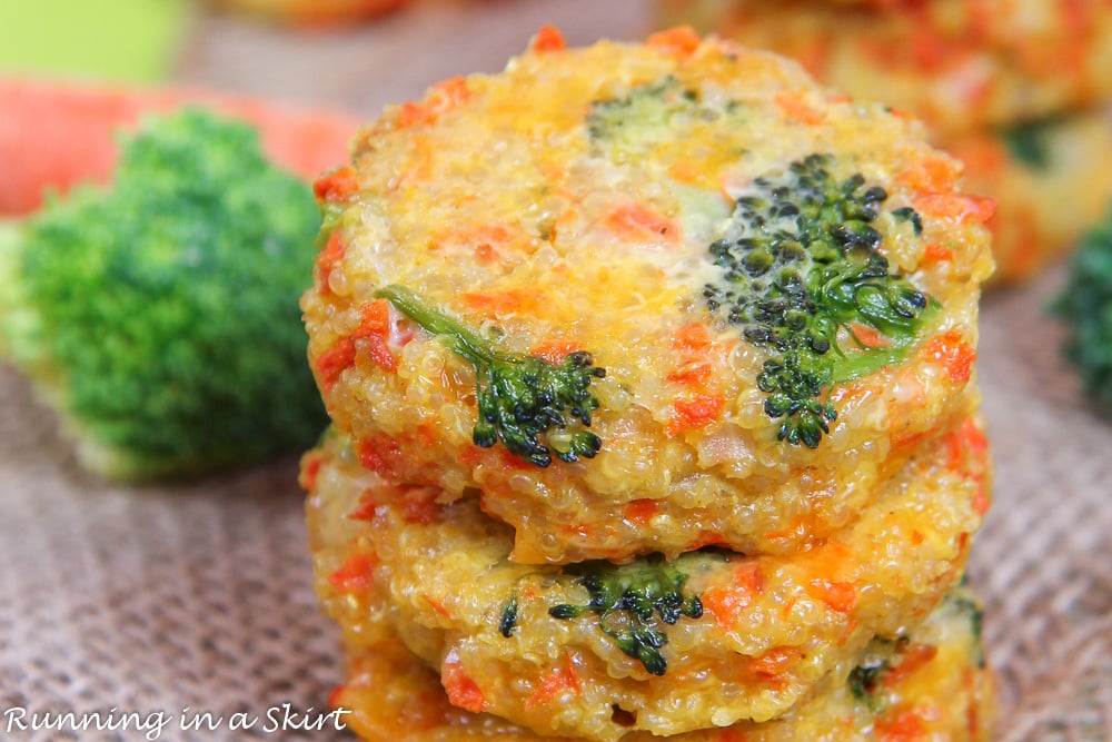Closeup of broccoli quinoa patties with cheese and carrots.
