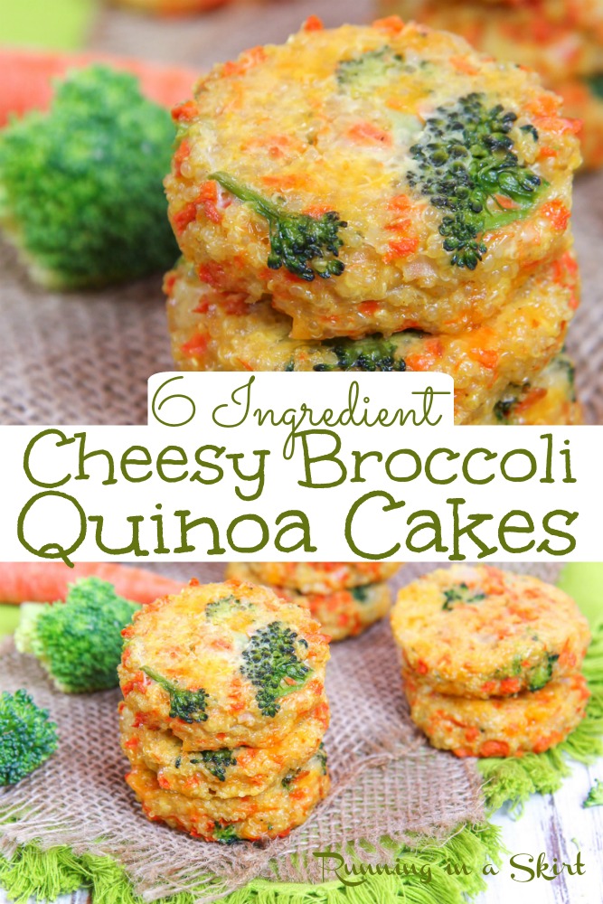 Cheesy Broccoli Quinoa Cakes recipe - only 6 Ingredients! This the best veggie quinoa patties or quinoa cakes recipe. Easy, healthy and delicious. Simple vegetarian main course recipes. / Running in a Skirt #quinoa #cheese #broccoli #healthy #vegetarian via @juliewunder