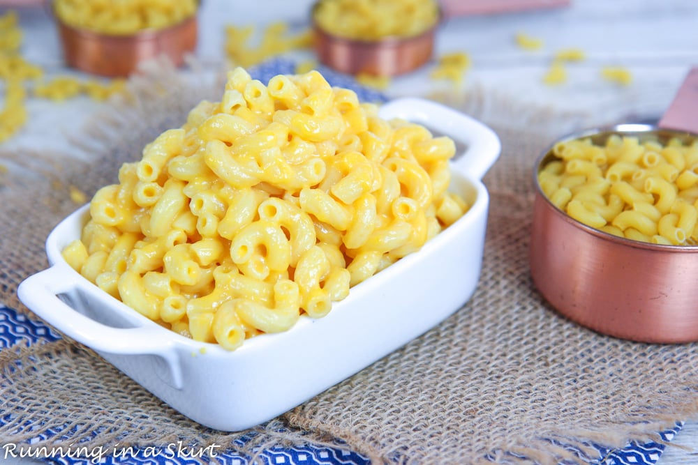 Creamy Greek Yogurt Mac & Cheese recipe on a blue napkin.