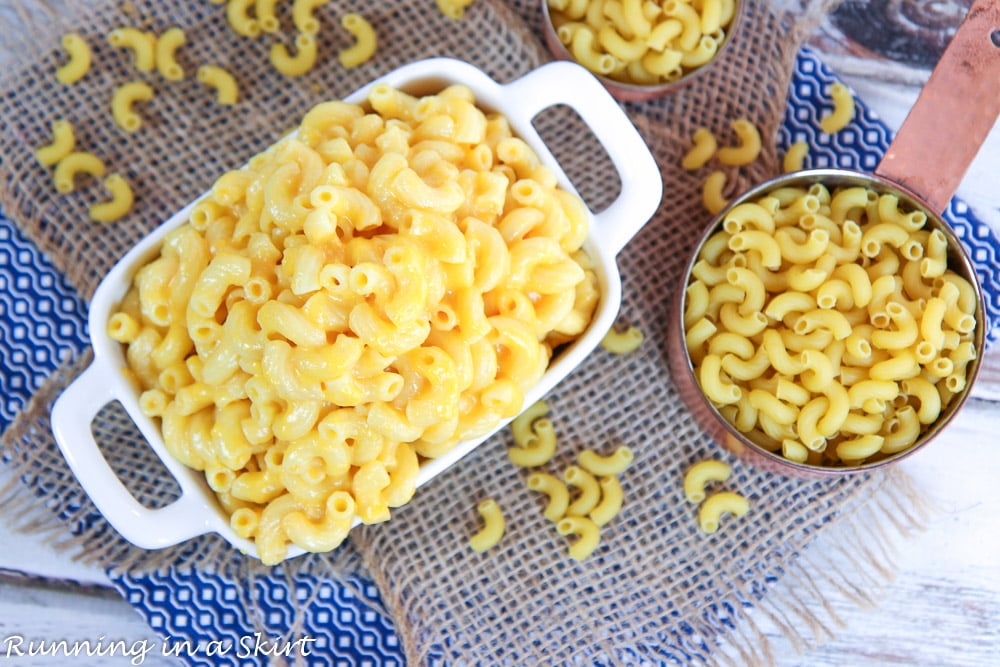 Overhead shot with macaroni with a healthy homemade sauce.