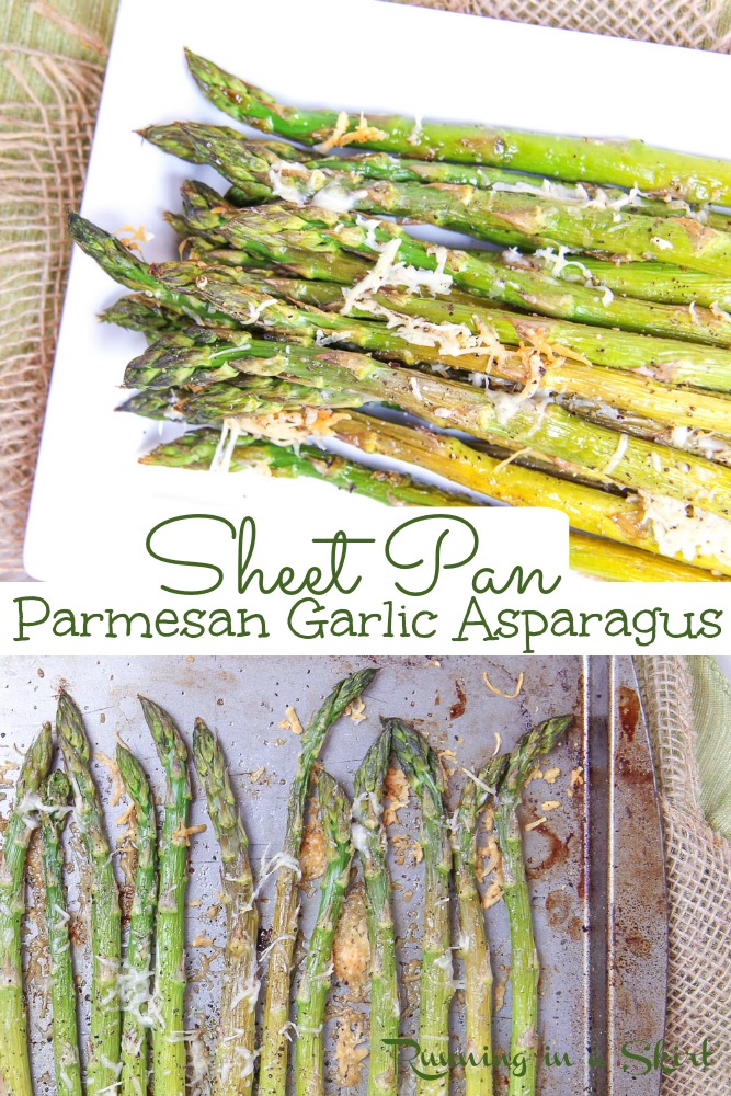 Garlic and Parmesan Oven Roasted Asparagus recipe - the BEST asparagus recipes start here! This HEALTHY one is baked to perfection with cheesy garlic goodness. Super easy, simple and the asparagus gets crispy. / Running in a Skirt #asparagus #healthy #recipe #sheetpan via @juliewunder